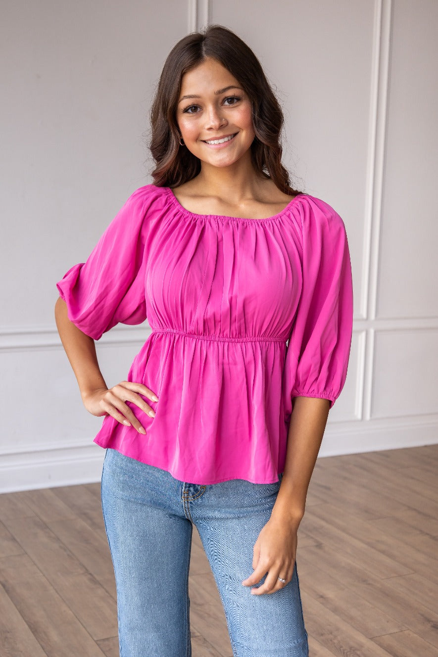 Bold Blossom Pink Peasant Blouse