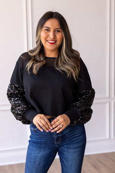 Black Waffle Knit Top with Mesh and Sequin Details