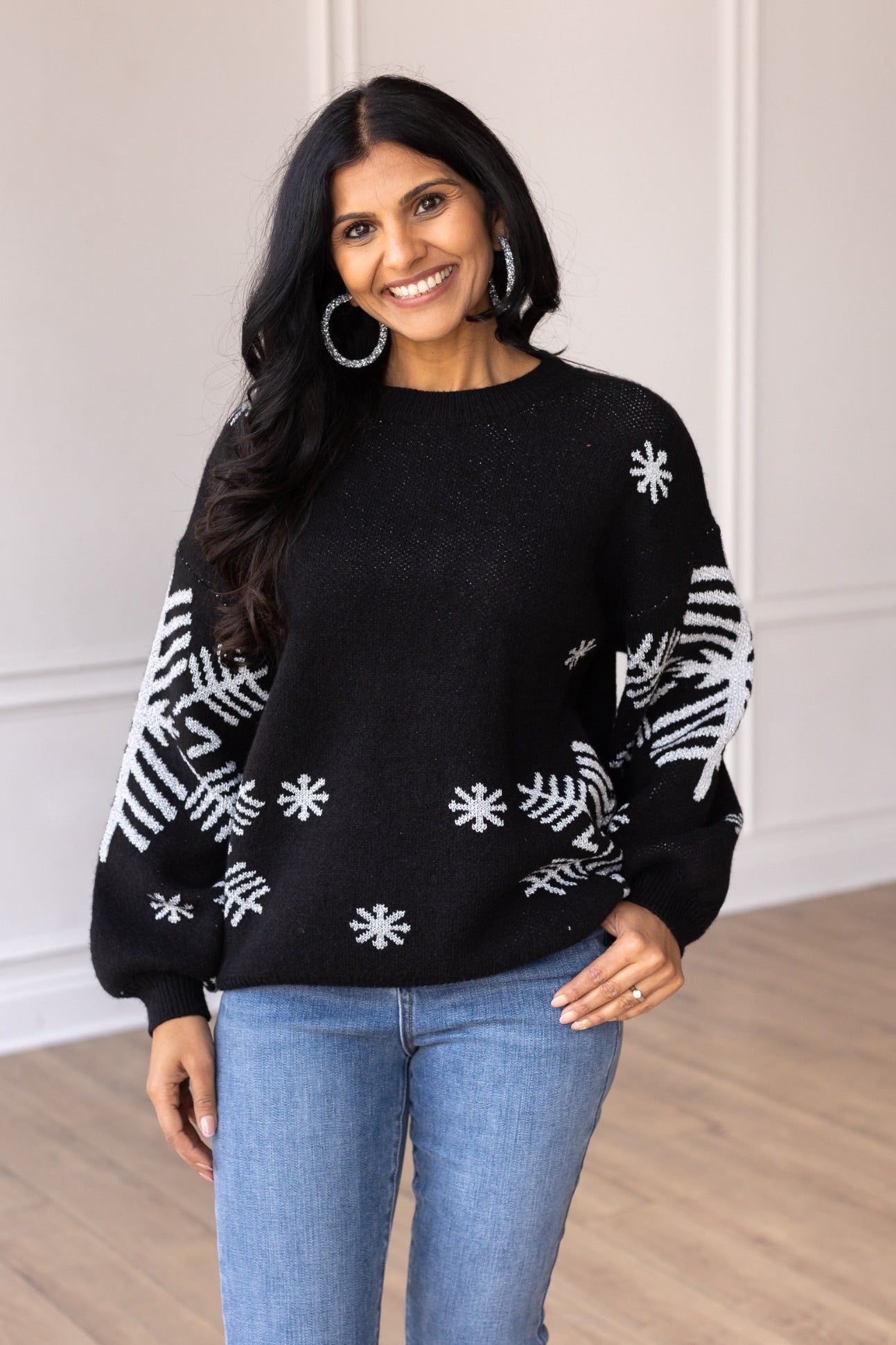 Nightfall Frost Black Sweater with Silver Snowflakes