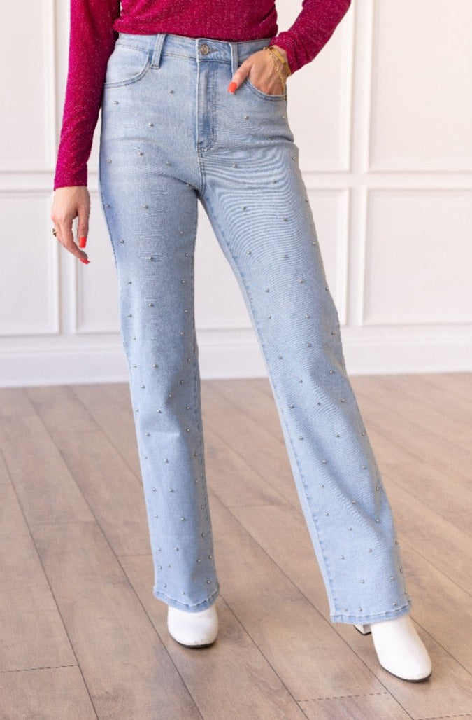 The Amelie Light Wash Straight Leg Jean with Studs