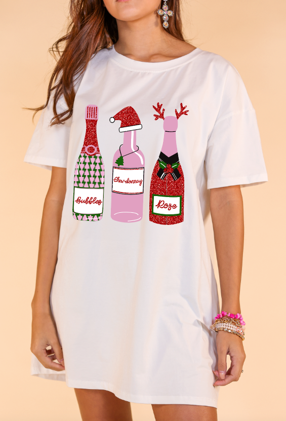 Champagne Bottles on White tee dress