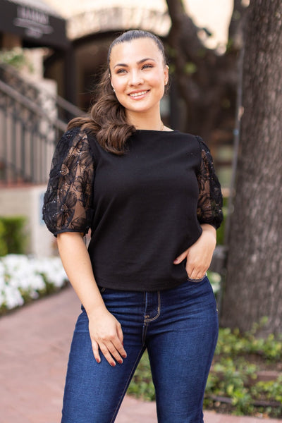 Midnight Blossom Black Sequins Floral Puff Sleeve