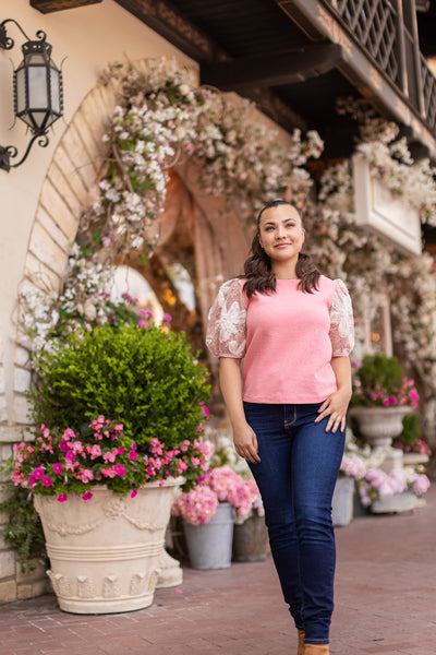 Midnight Blossom Pink Sequins Floral Puff Sleeve