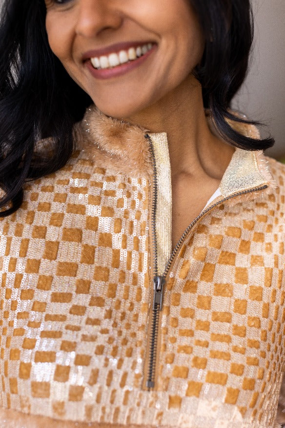 Beige Checkered Half Zipper