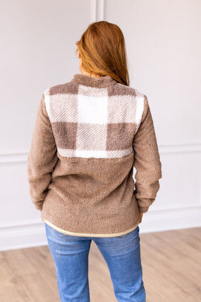 Beige Checkered Sherpa Half Zipper