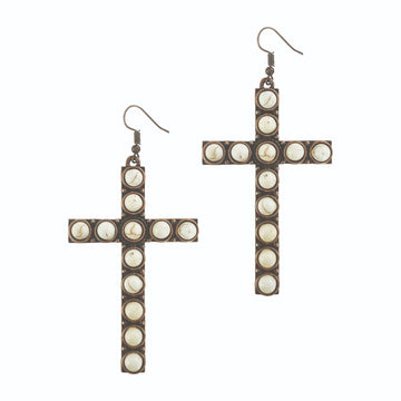 Stone Cross Earrings, Cream