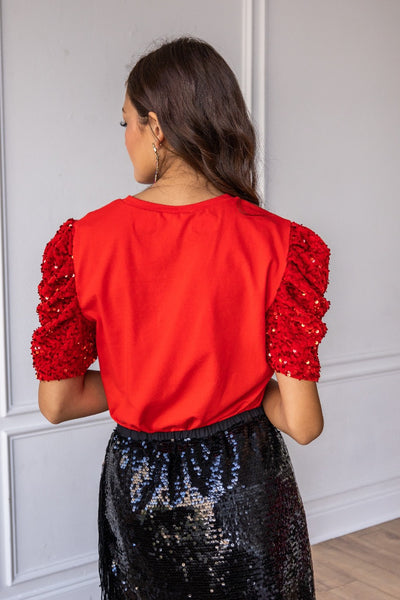 She's The One Red Puff Sequin Sleeve Top