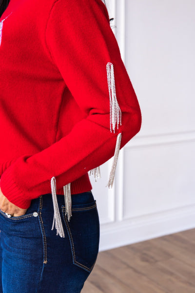 Red Ornaments Sweater with Fringe Sleeves