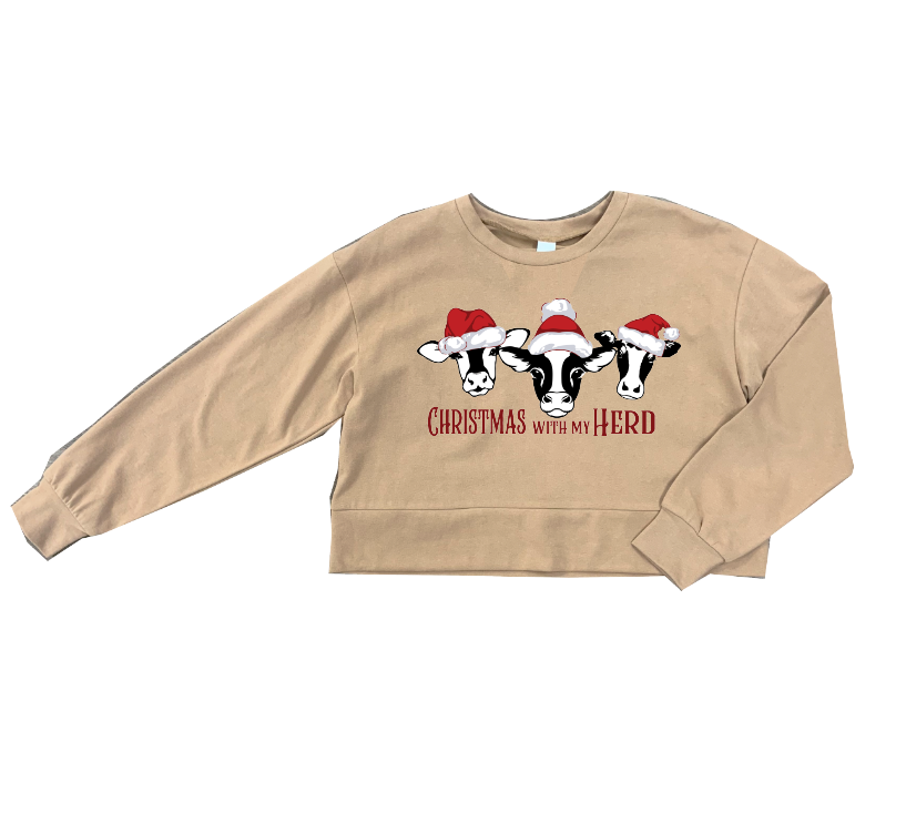 "Christmas With My Herd" on Carmel Macchiato Tan Cropped Sweatshirt