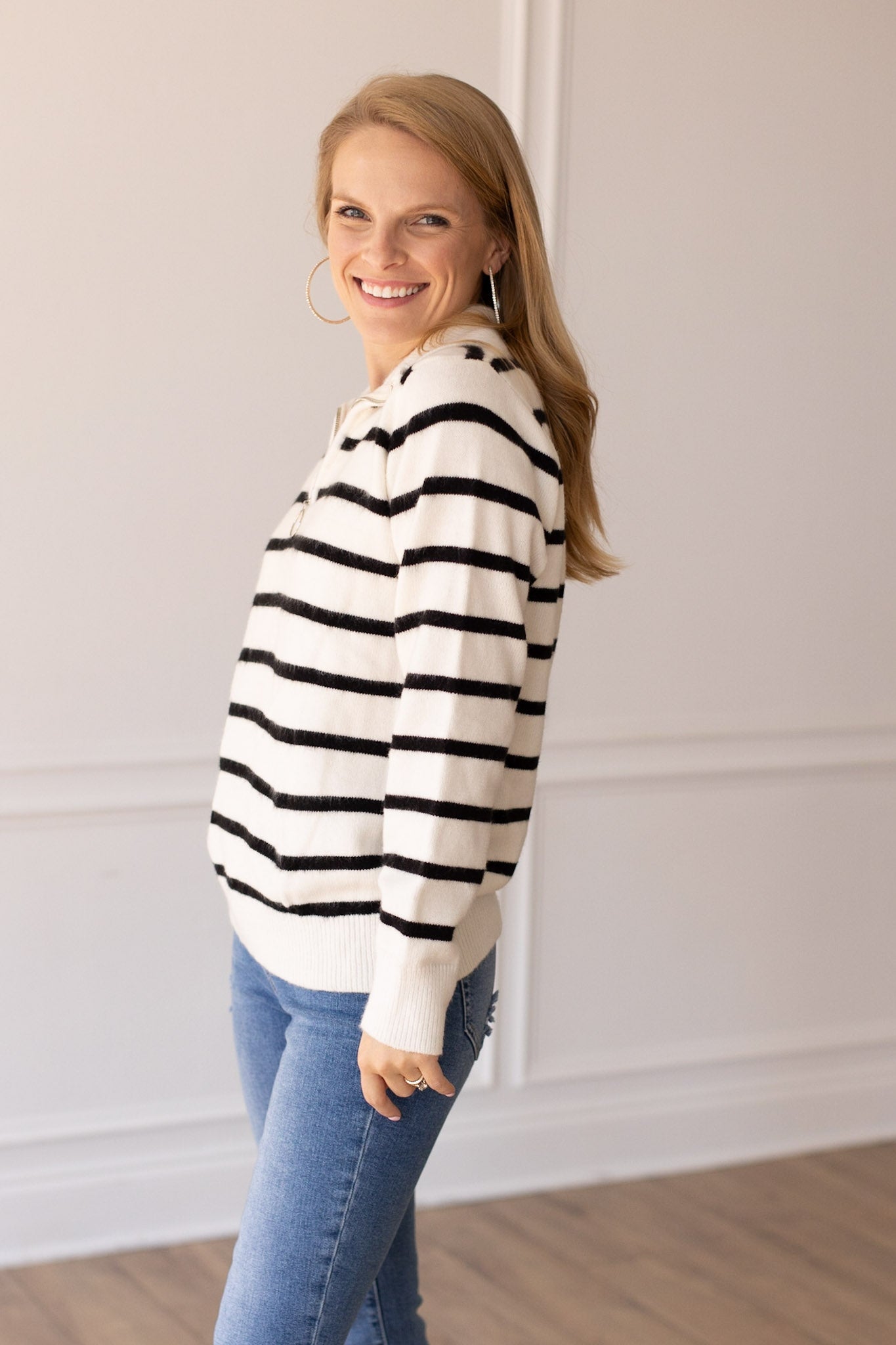 (AS IS) Black and White Stripe Quarter Zip Sweater