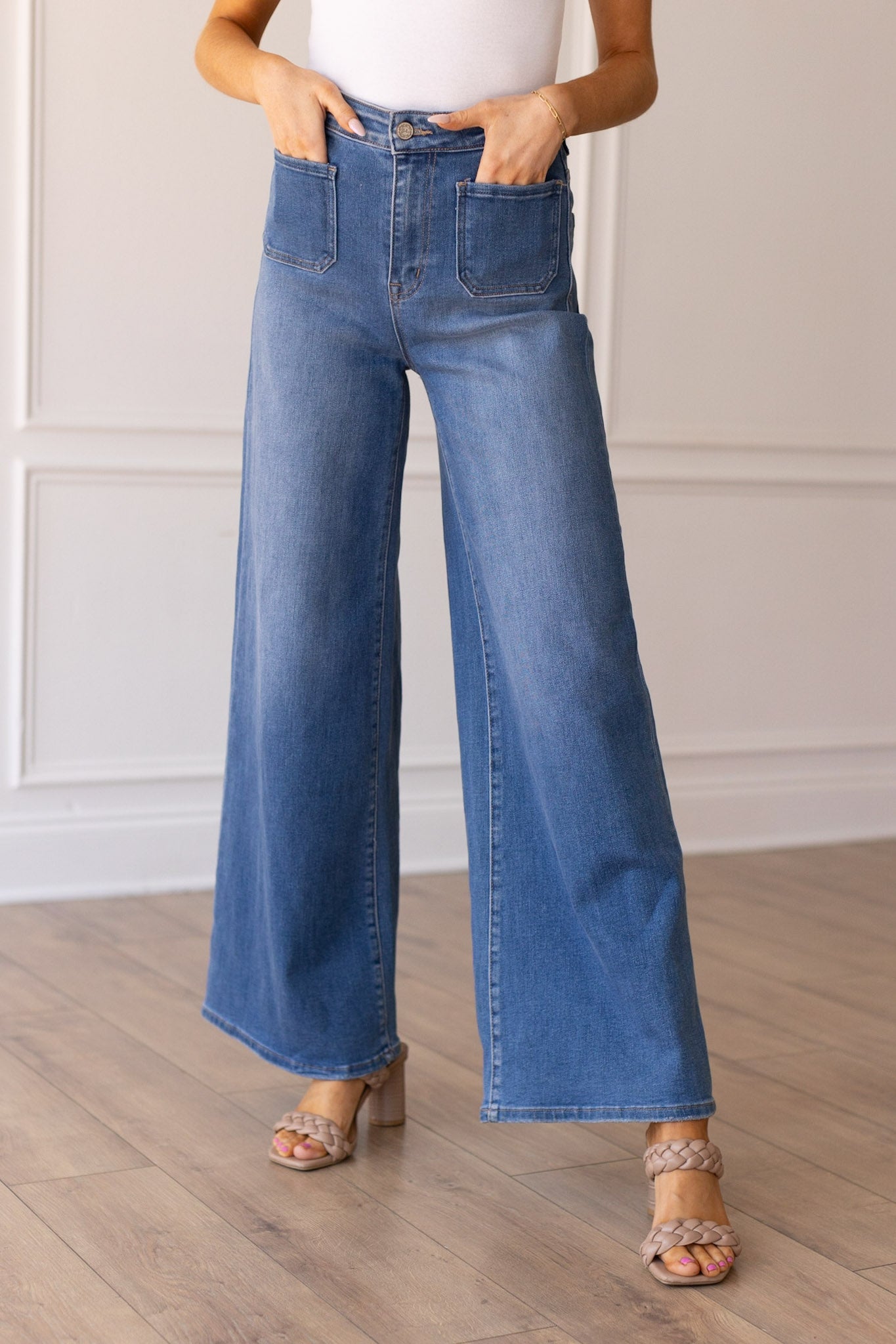 The Valentina Medium Wash Wide Leg Flare with Front Pockets