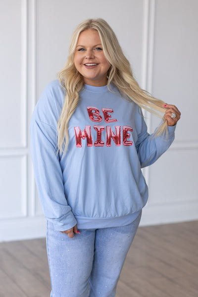 Be Mine Balloons on Light-Blue Crewneck Sweatshirt