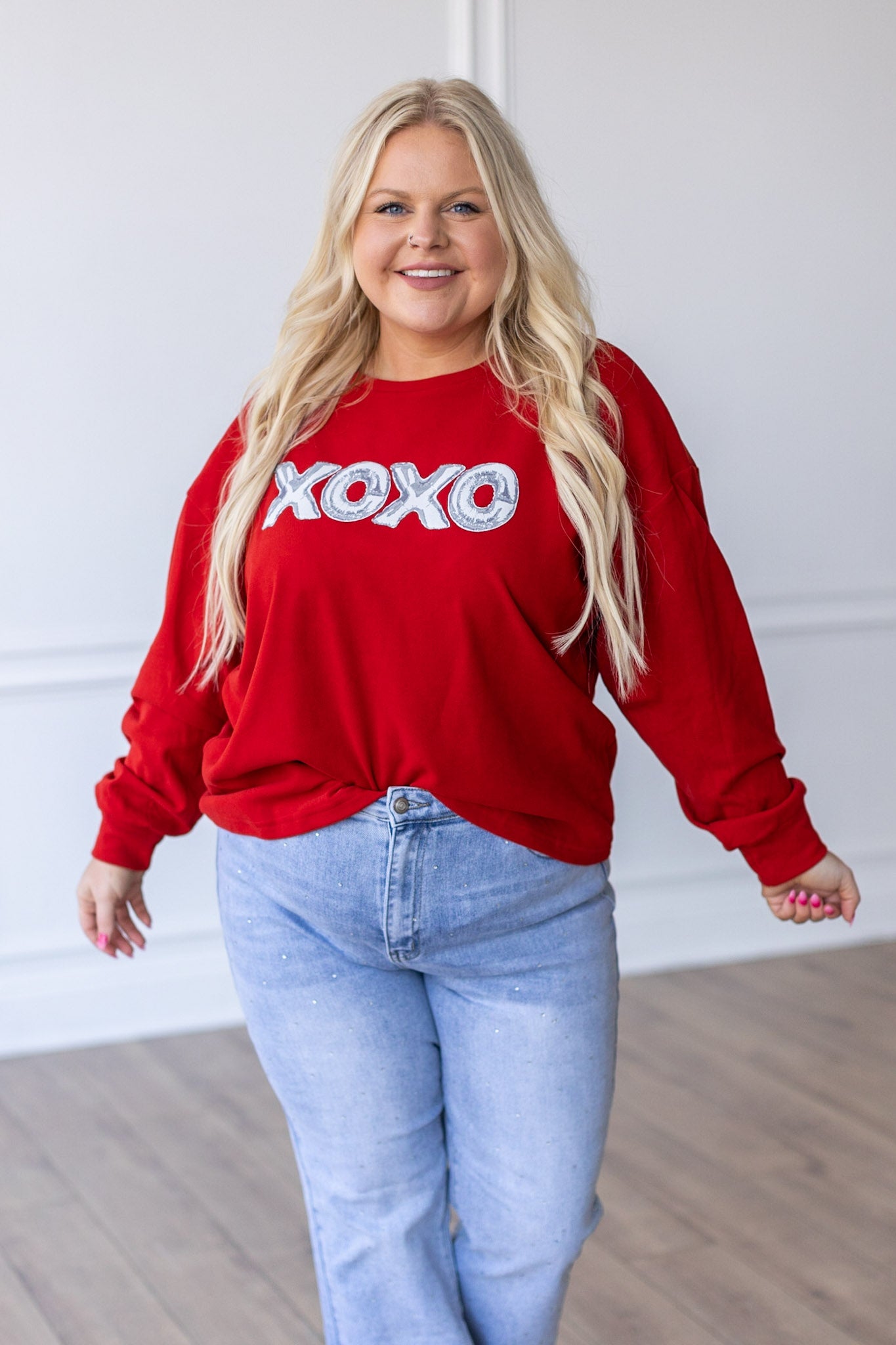 XOXO on Red Crazy Cozy Microfleece Crewneck