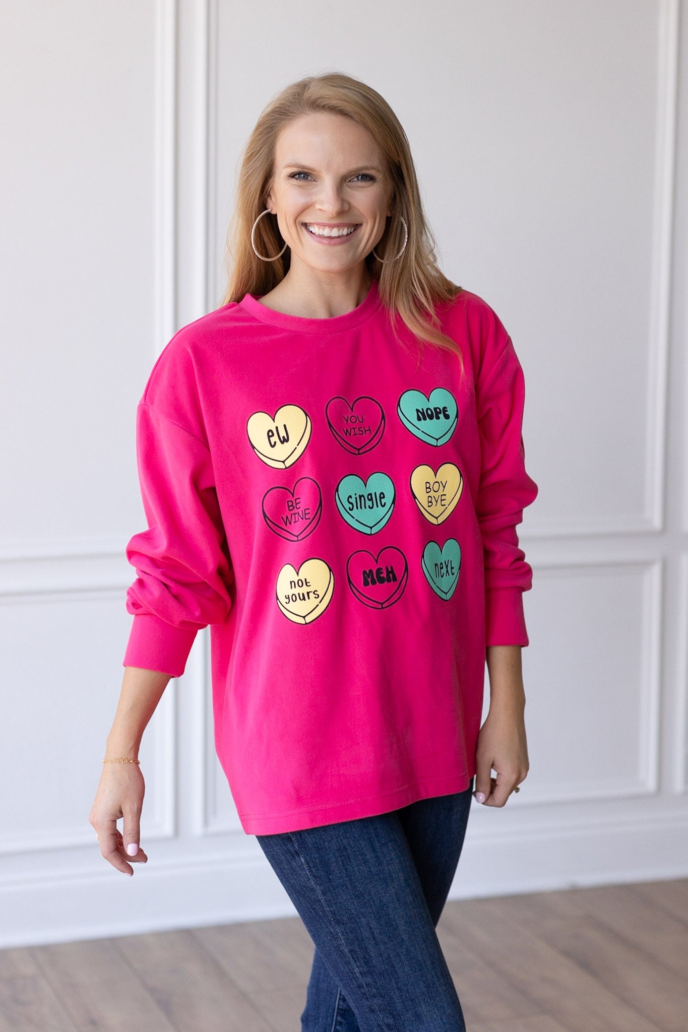 Candy Hearts on Hot Pink Crazy Cozy Microfleece Crewneck