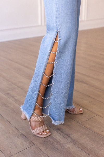 The Lara Light Wash Jeans with Crystal Chain Detail