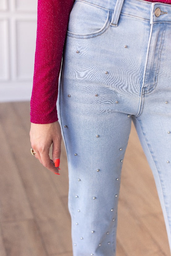 The Amelie Light Wash Straight Leg Jean with Studs