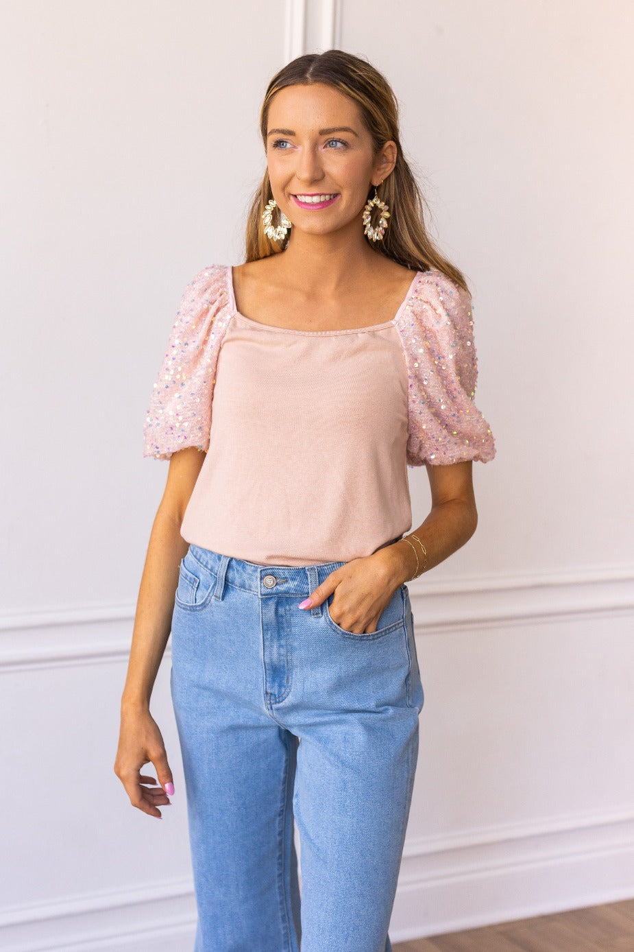 Rose Quartz Sparkle Puff Sleeve Top