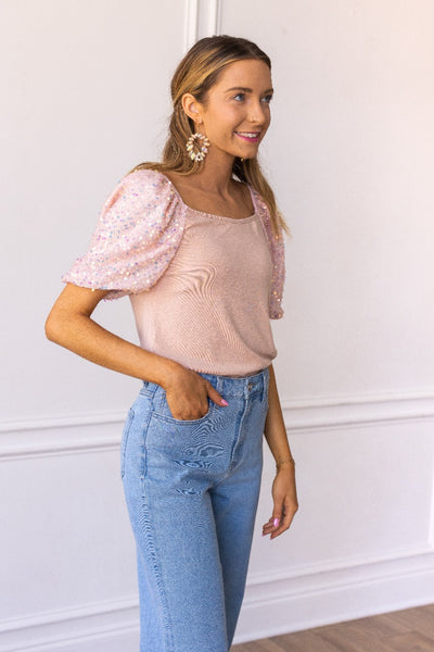 Rose Quartz Sparkle Puff Sleeve Top