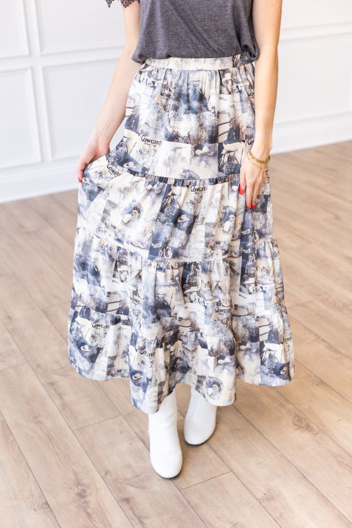 Western Print Tiered Maxi Skirt