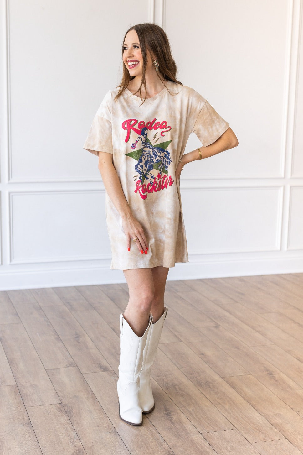 New Rodeo Rockstar on Adventuresome Beige Tie Dye T-Shirt Dress