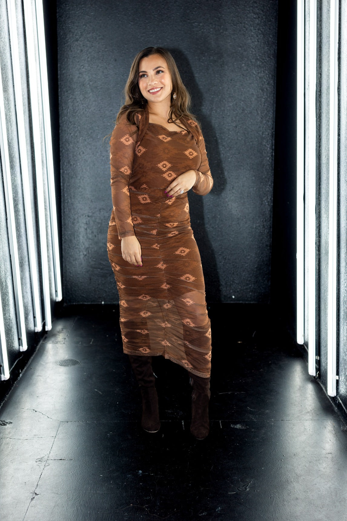 Southwestern Aztec Mesh Midi Skirt, Brown