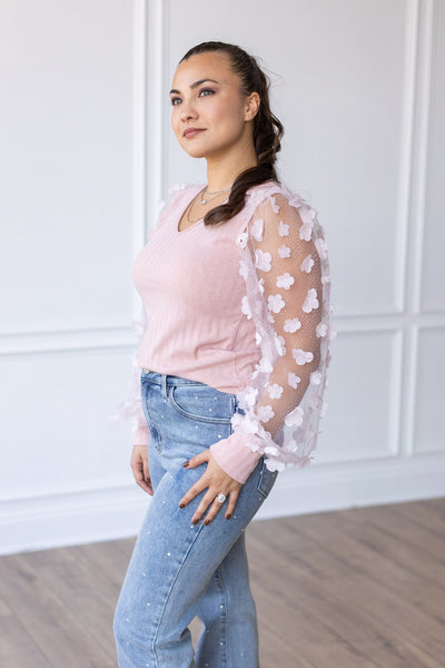 Love Blooms Pink Mesh Sleeve Top