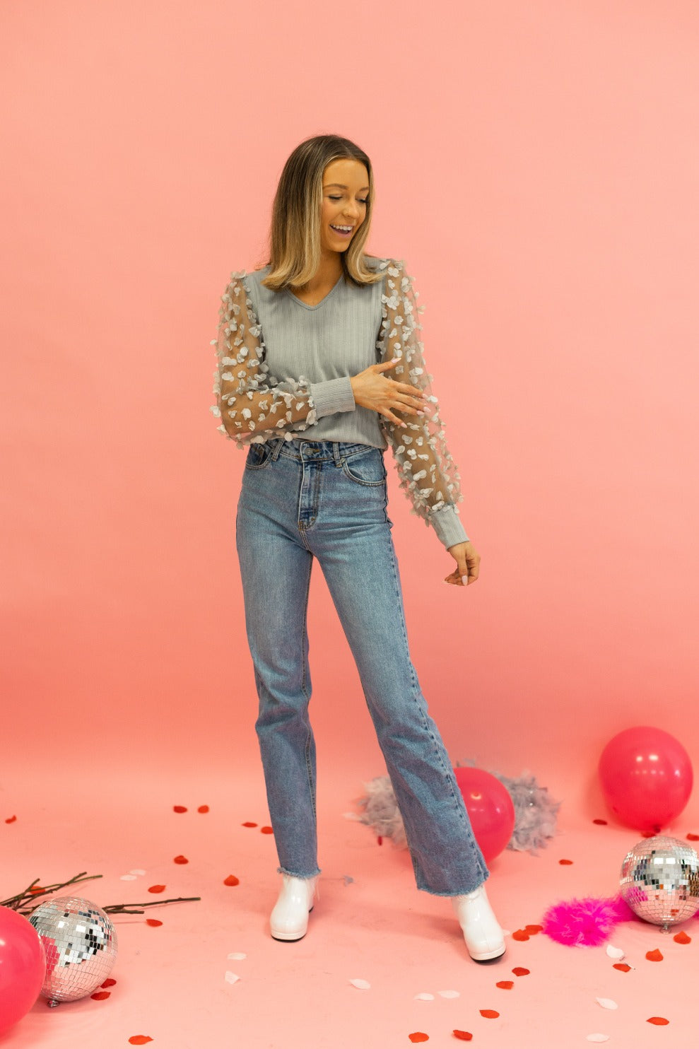 Love Blooms Grey Mesh Sleeve Top