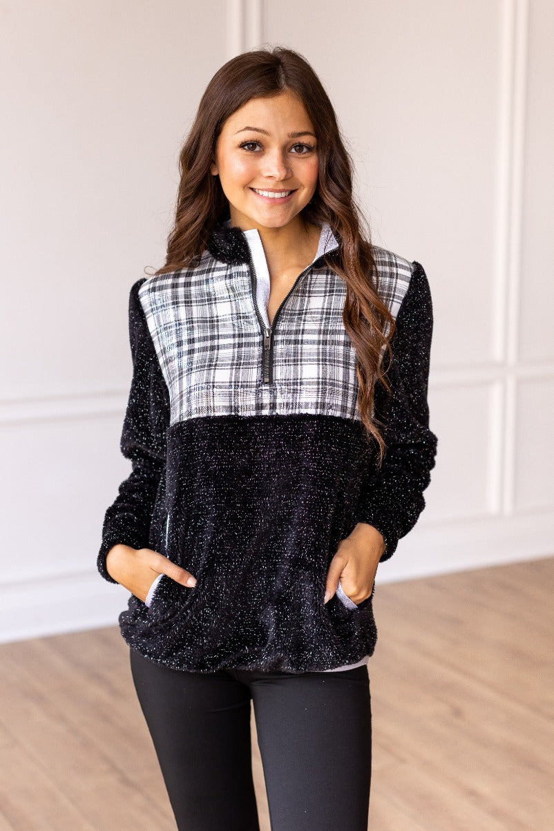 Black Gingham Sherpa Half Zipper