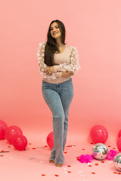 Love Blooms Pink Mesh Sleeve Top