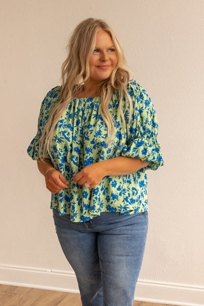 Suburban Azure Blossom Off-the-Shoulder Top