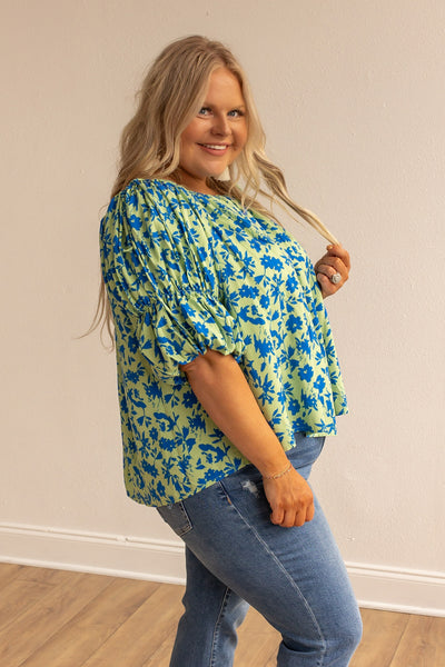 Suburban Azure Blossom Off-the-Shoulder Top