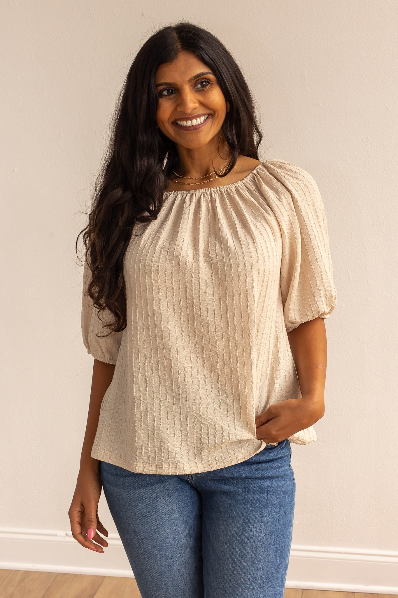 Beige Breeze Elegance Off the Shoulder Top