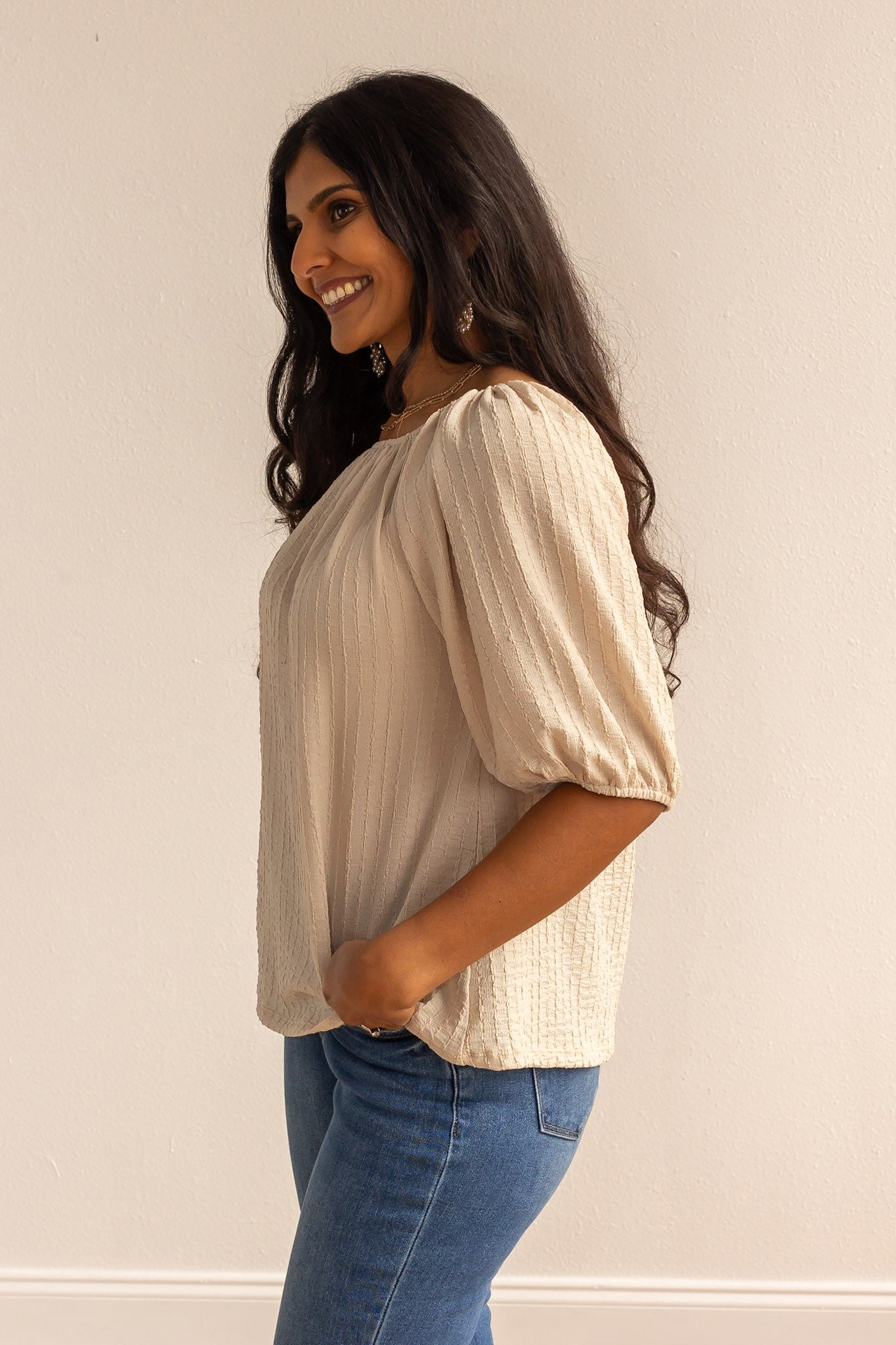 Beige Breeze Elegance Off the Shoulder Top