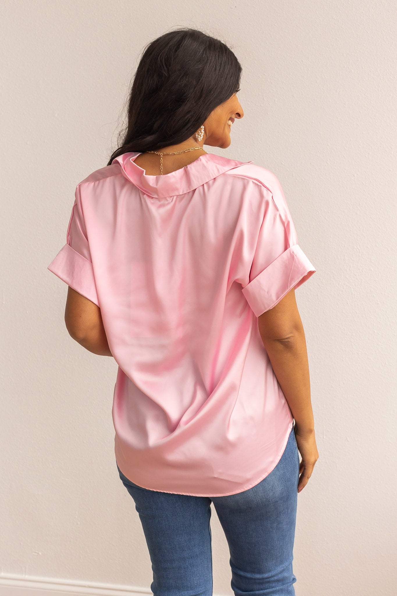 Cara Collared Top, Pink Satin