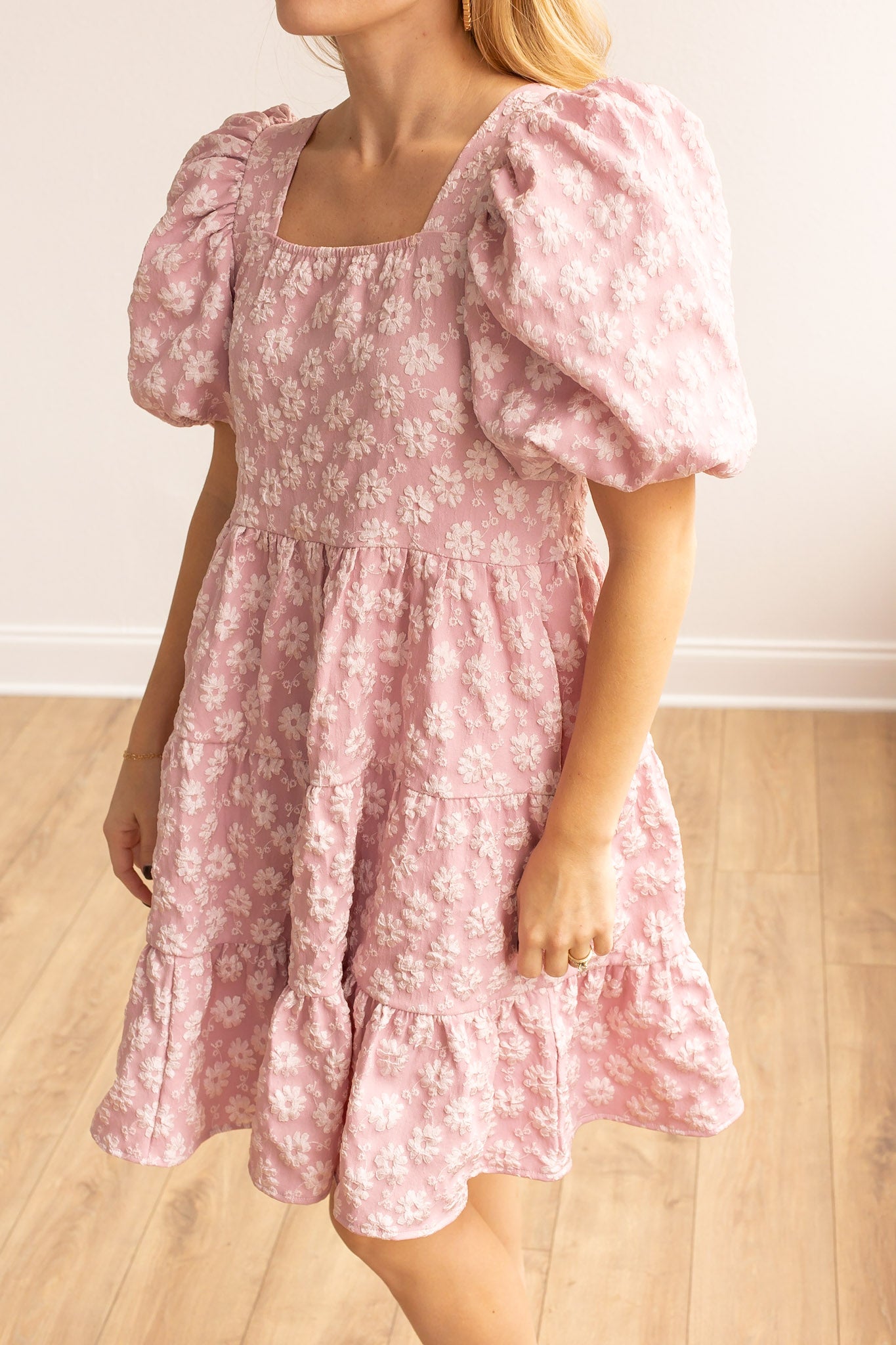 Botanical Blush Pink Floral Puff Dress