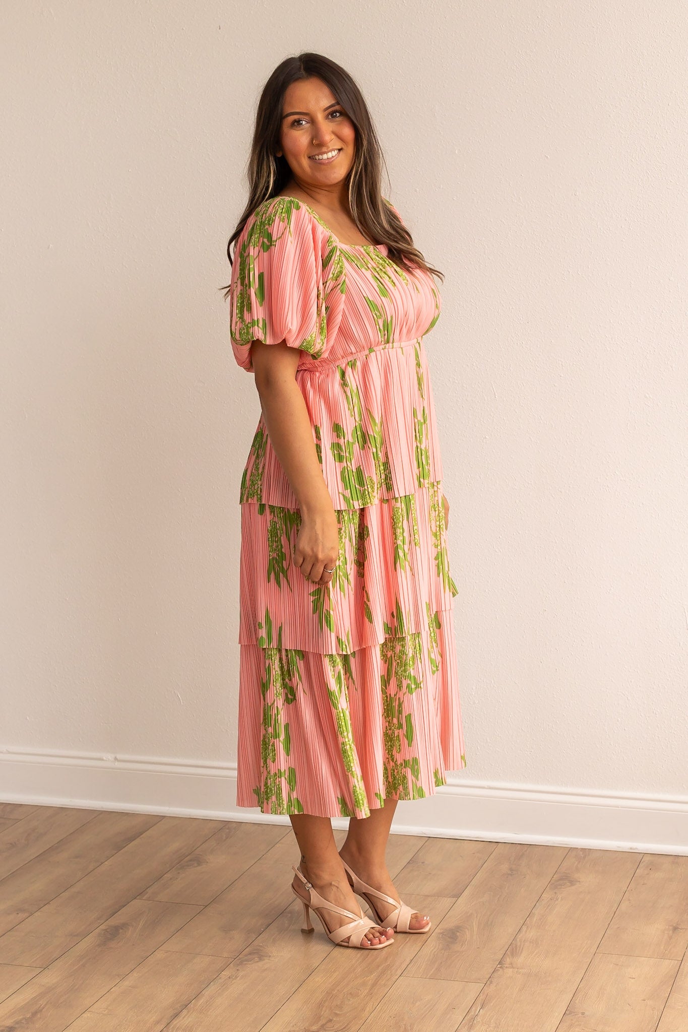 The Nina Floral Pink Puff Sleeve Midi Dress