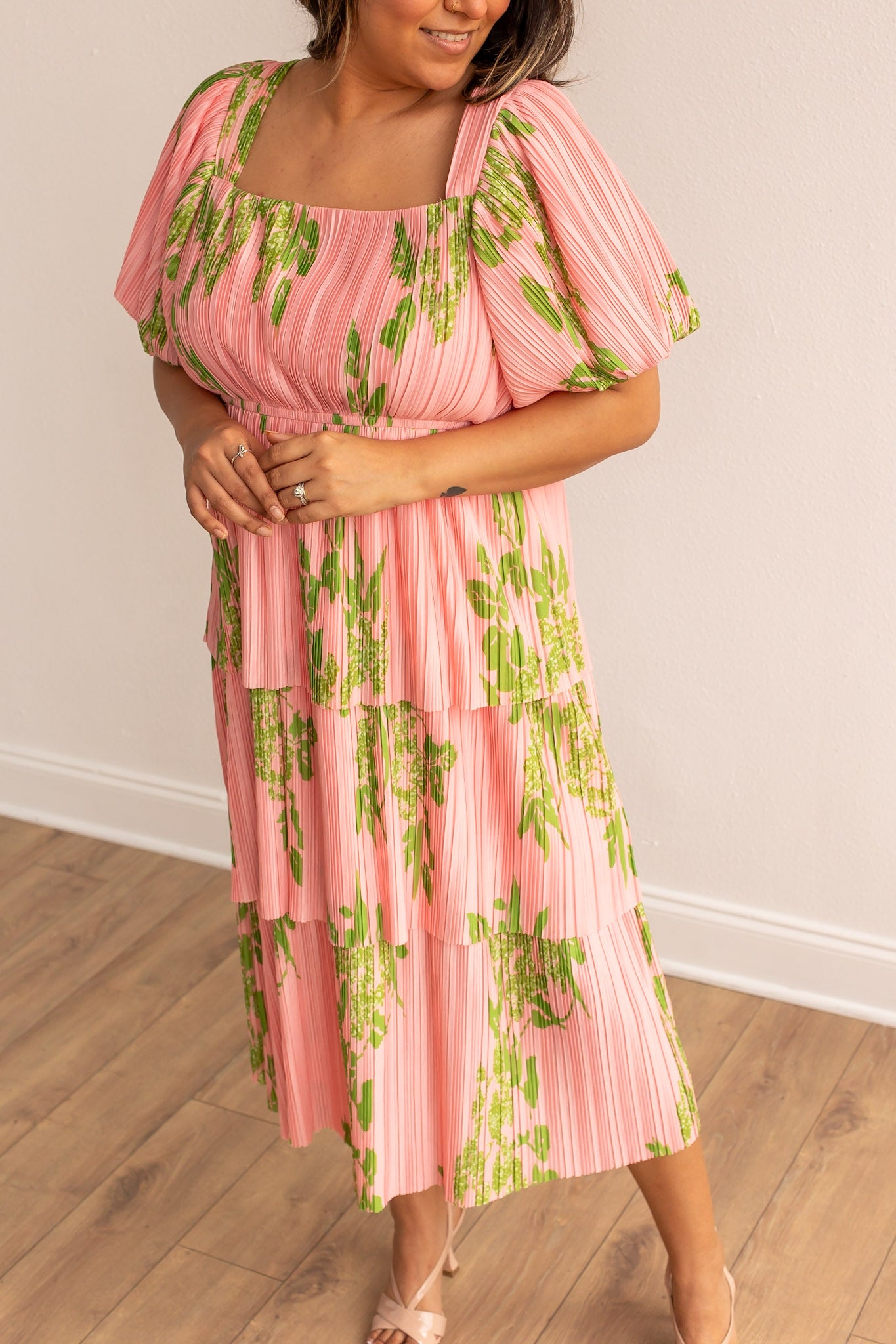 The Nina Floral Pink Puff Sleeve Midi Dress