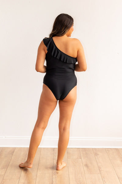 The Sophia Black One Shoulder One Piece with Ruffle