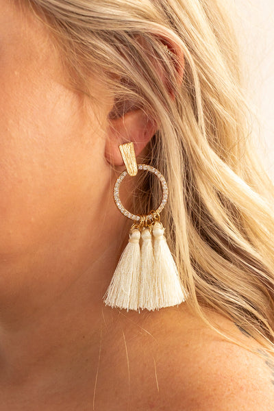 Spring Blossom Elegance: Beige Tassel Circlet Studs