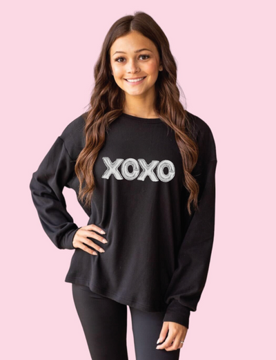 XOXO on Black Crazy Cozy Microfleece Crewneck