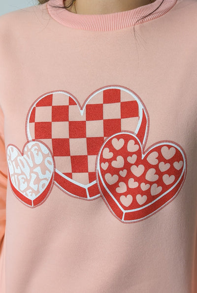 Valentine Hearts Pink French Terry Sweatshirt With Ribbed Knit