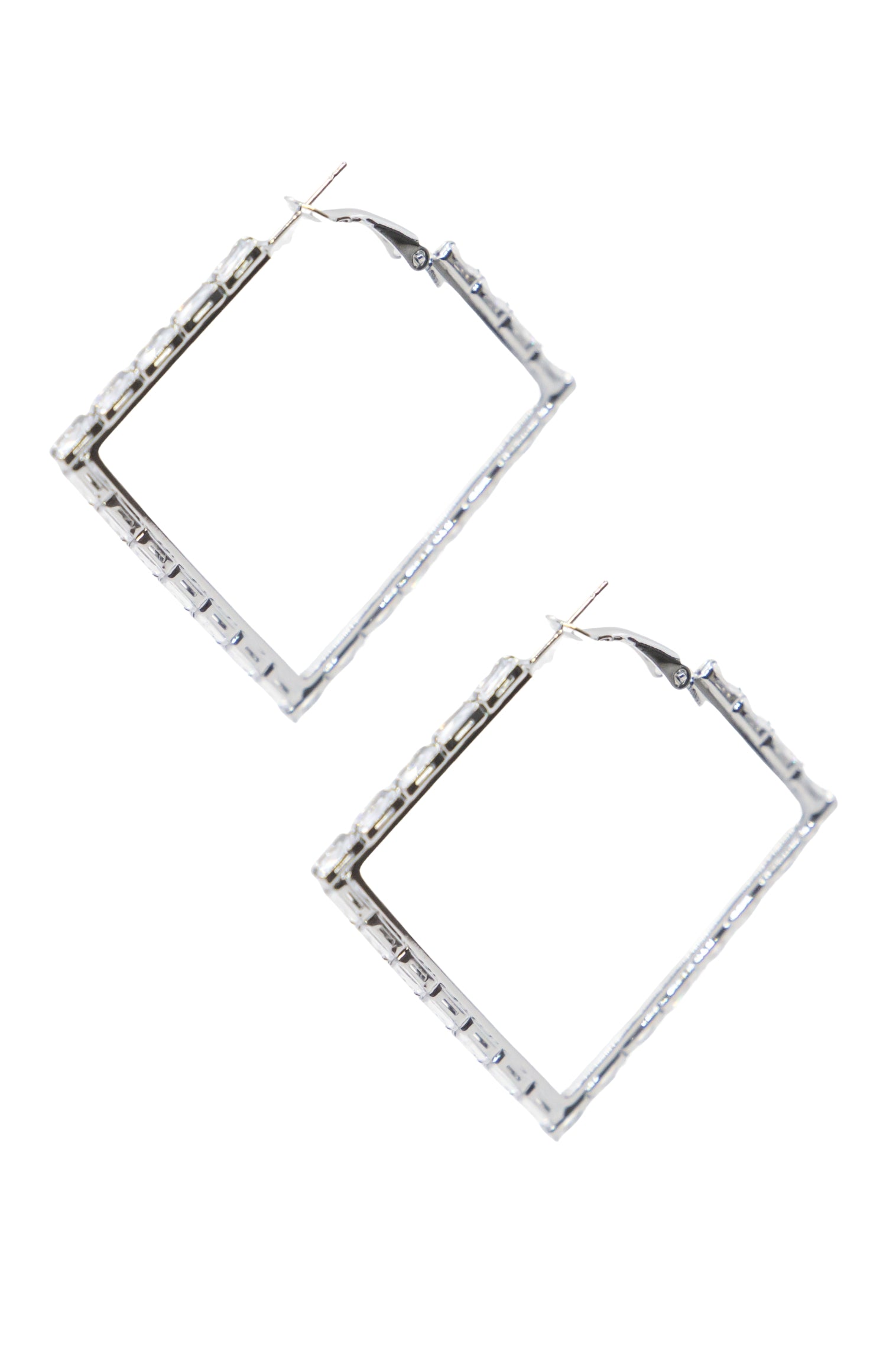 Large Silver and Crystal Square Hoops Earrings