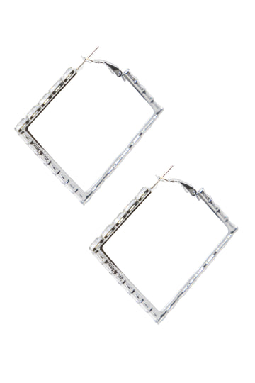 Large Silver and Crystal Square Hoops Earrings