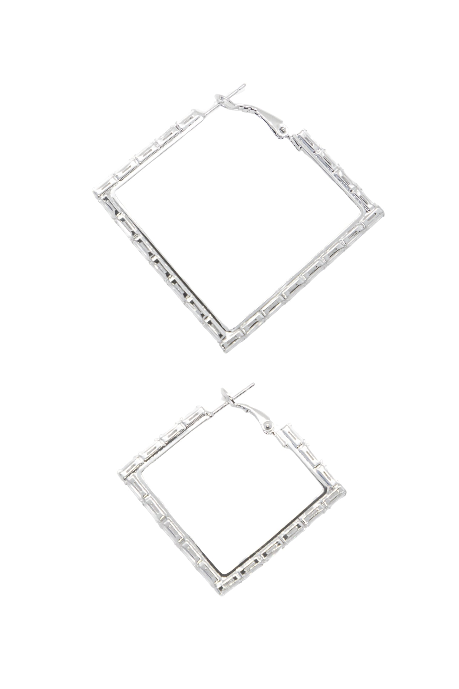 Large Silver and Crystal Square Hoops Earrings
