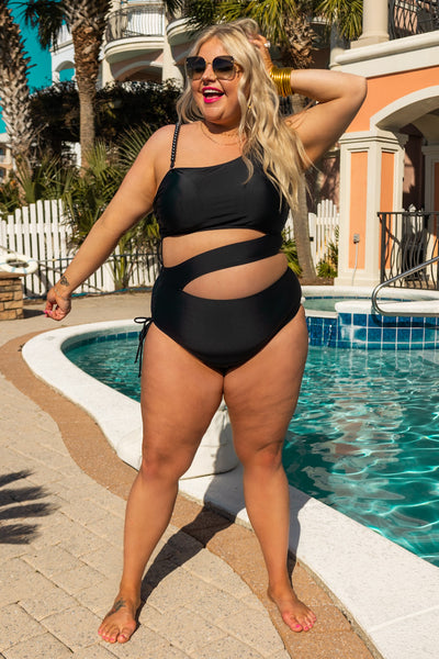 Black one piece side cut out swimwear