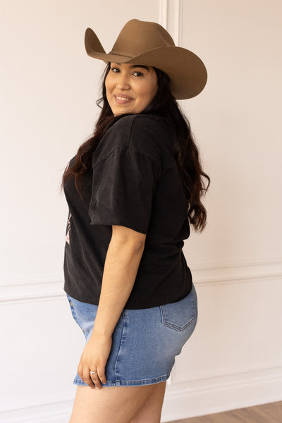 Pink Western Boots on Black Crewneck Tee