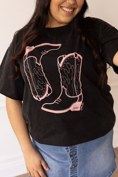 Pink Western Boots on Black Crewneck Tee