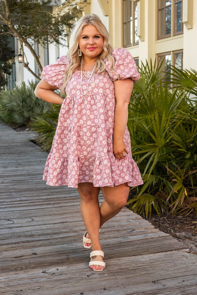 Botanical Blush Pink Floral Puff Dress