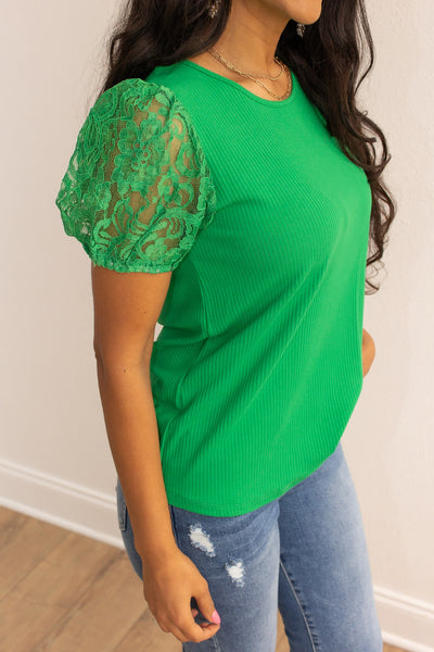 Green Ribbed Tee With Lace Puff Sleeve.