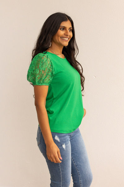 Green Ribbed Tee With Lace Puff Sleeve.